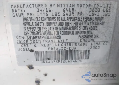 2016 Nissan Sentra Fe+ S/S/Sl/Sr/Sv z USA, uszkodzony, nr VIN 3N1AB7AP5GL656620